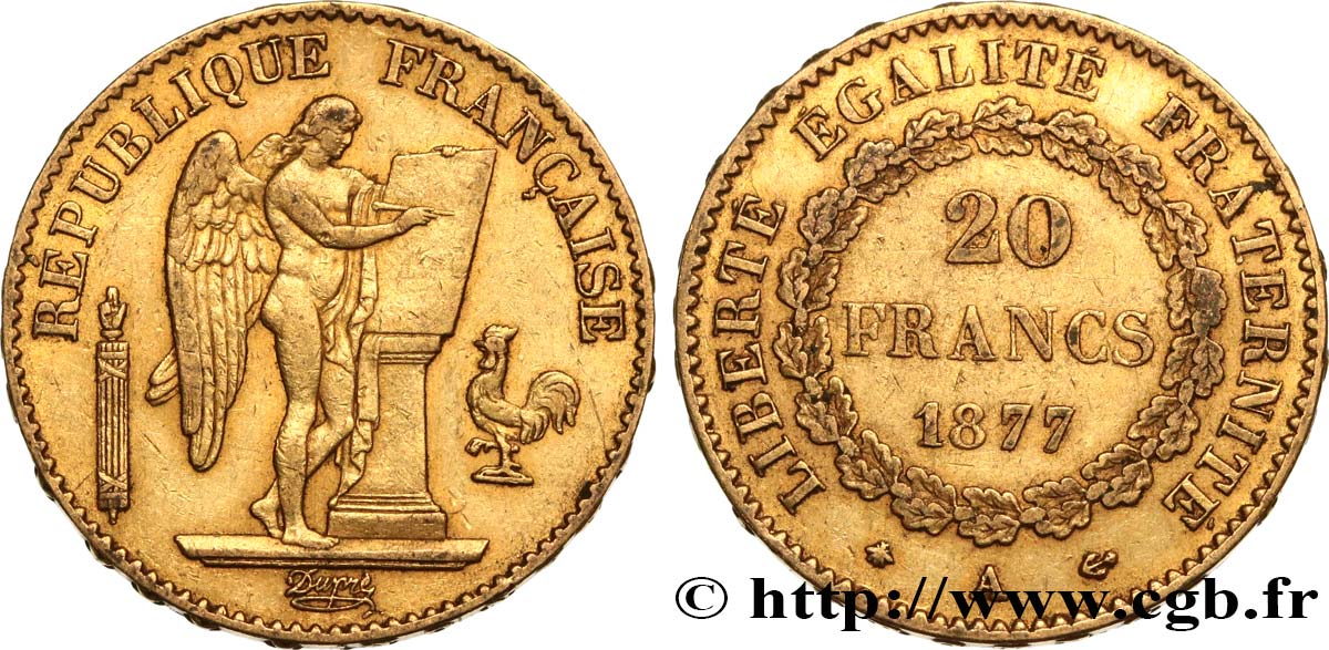 20 francs or Génie, IIIe République 1877 Paris F.533/5 XF45 