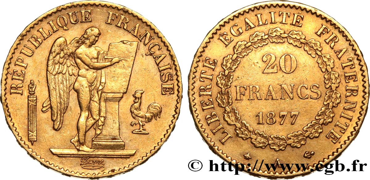 20 francs or Génie, IIIe République 1877 Paris F.533/5 q.SPL 