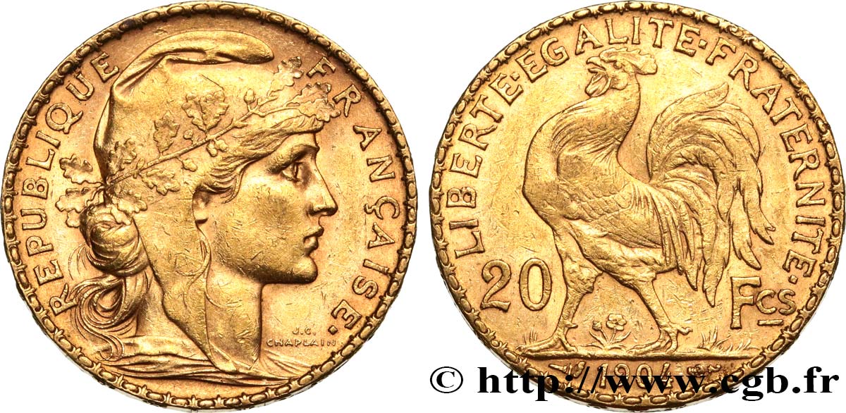 20 francs or Coq, Dieu protège la France 1904 Paris F.534/9 MBC+ 