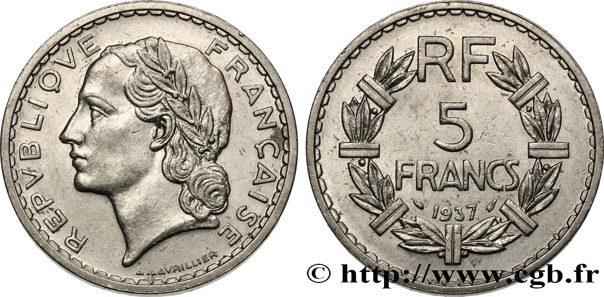 5 francs Lavrillier, nickel 1937  F.336/6 BB50 