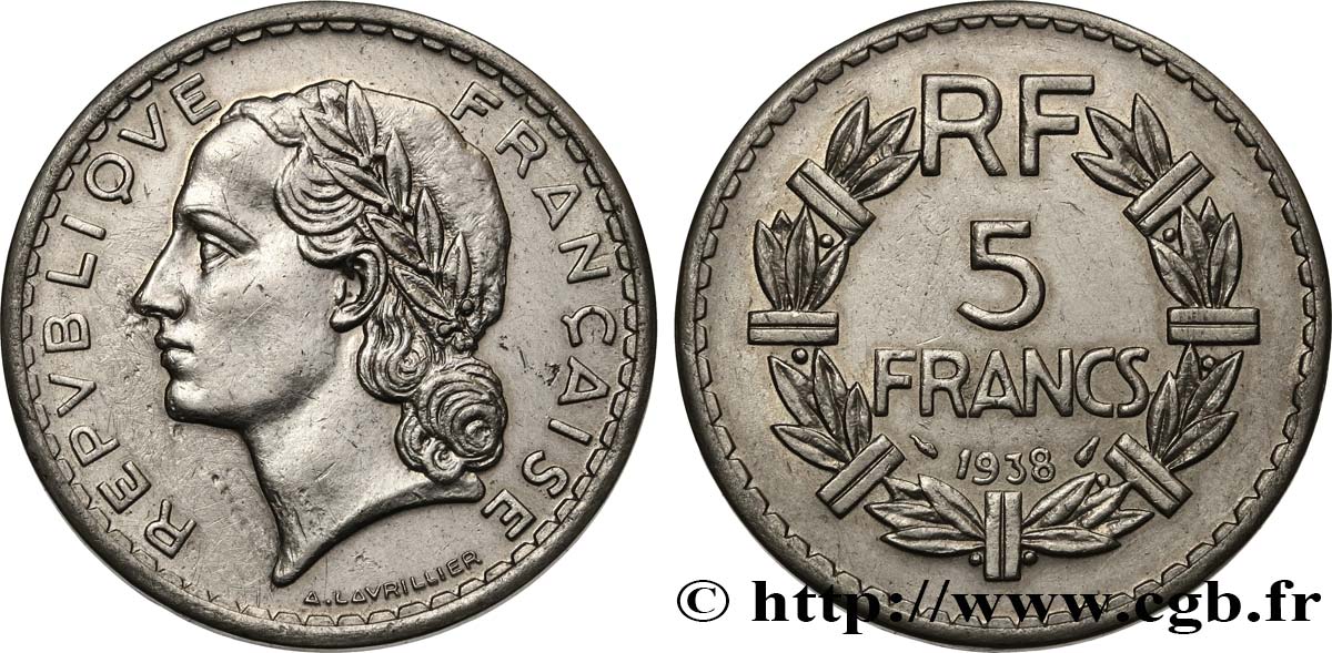 5 francs Lavrillier, nickel 1938  F.336/7 BB 