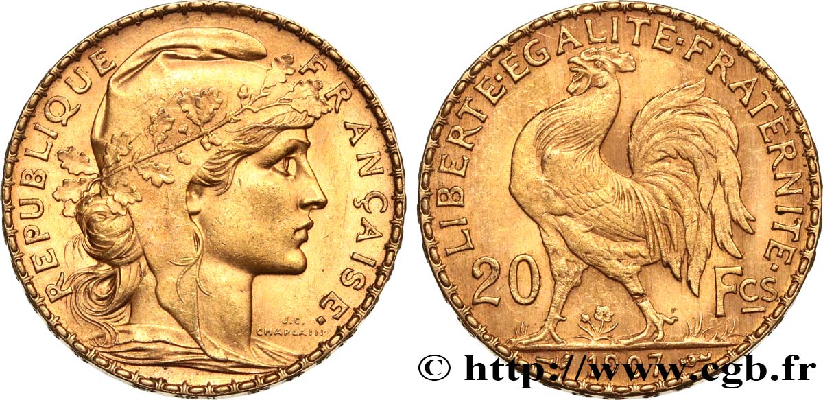 20 francs or Coq, Liberté Égalité Fraternité 1907 Paris F.535/1 EBC 