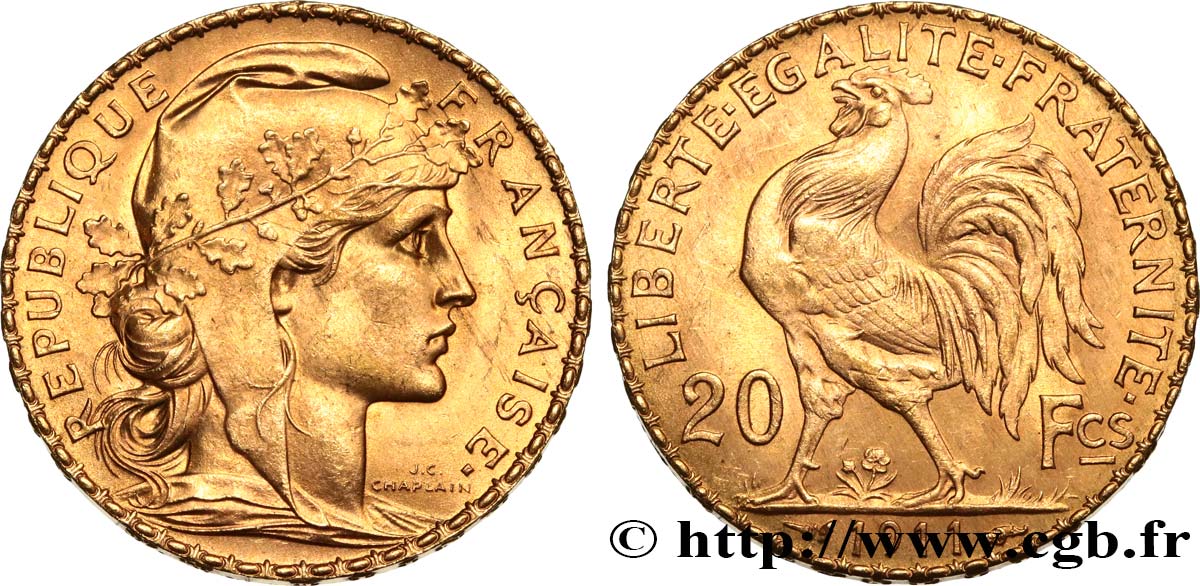 20 francs or Coq, Liberté Égalité Fraternité 1911  F.535/5 SC 