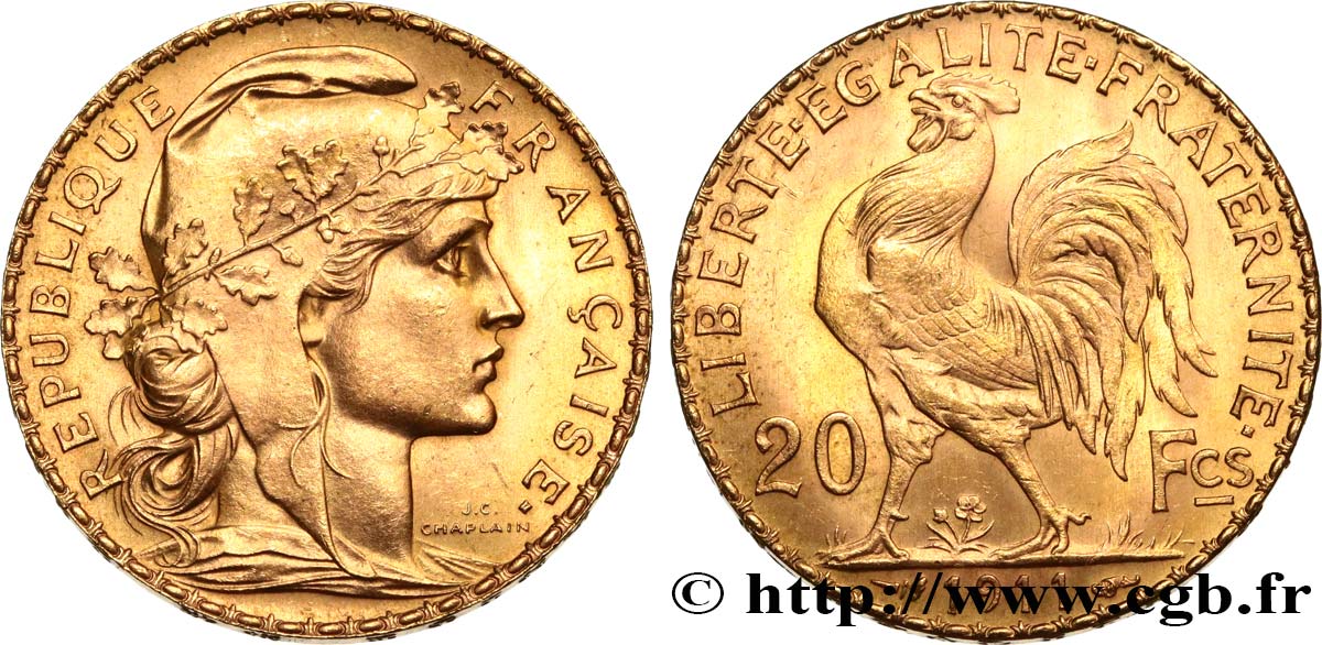 20 francs or Coq, Liberté Égalité Fraternité 1911  F.535/5 SPL 
