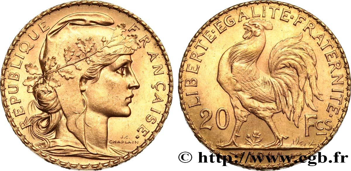 20 francs or Coq, Liberté Égalité Fraternité 1911  F.535/5 SUP+ 