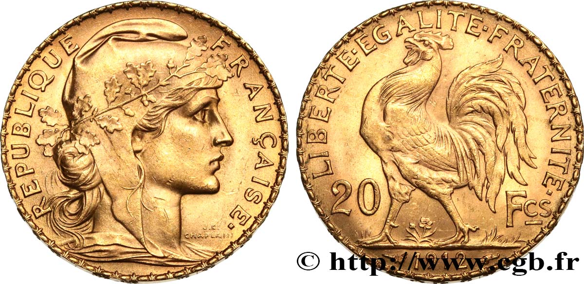20 francs or Coq, Liberté Égalité Fraternité 1912 Paris F.535/6 SUP+ 