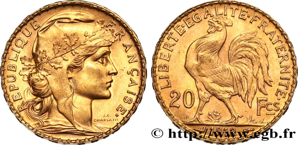 20 francs or Coq, Liberté Égalité Fraternité 1912 Paris F.535/6 SUP+ 