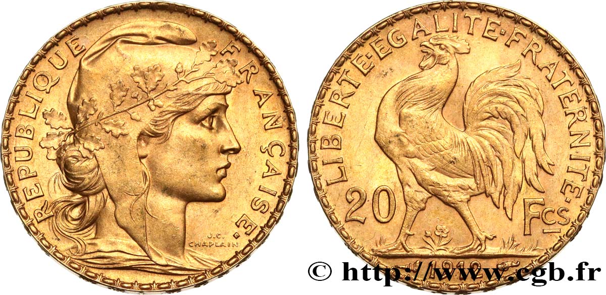 20 francs or Coq, Liberté Égalité Fraternité 1912 Paris F.535/6 AU 