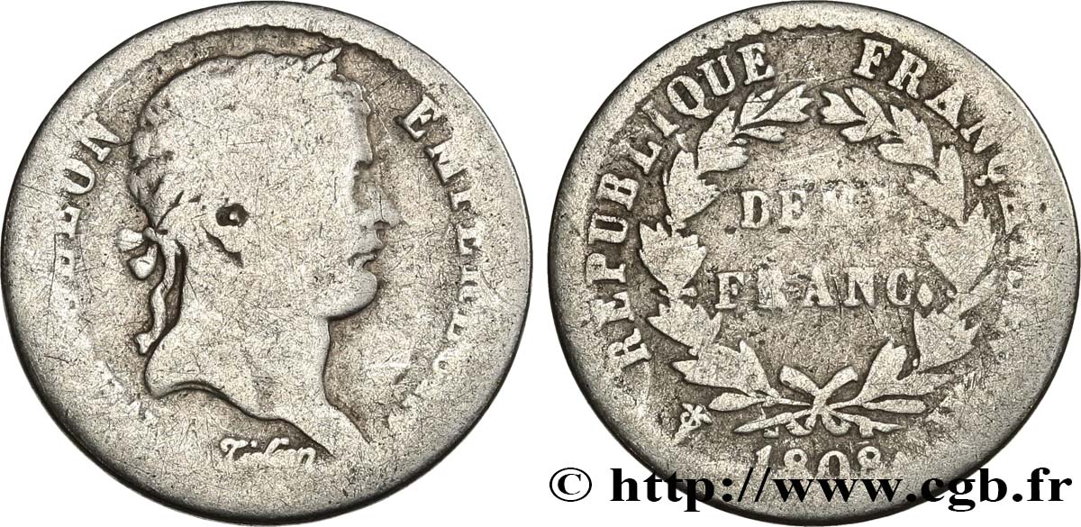 Demi-franc Napoléon Ier tête laurée, République française 1808 Lille F.177/16 RC8 