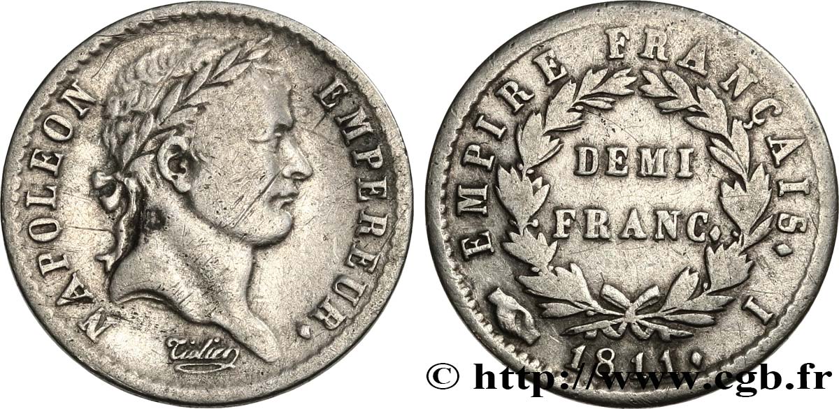 Demi-franc Napoléon Ier tête laurée, Empire français 1811 Limoges F.178/26 MB30 