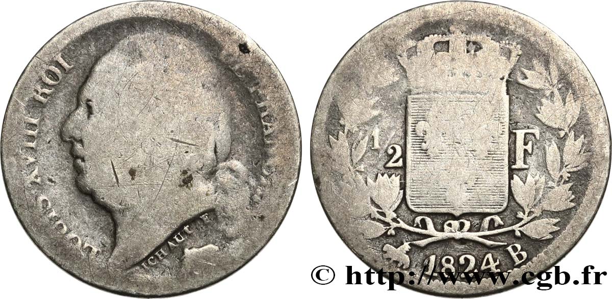 1/2 franc Louis XVIII 1824 Rouen F.179/44 SGE8 
