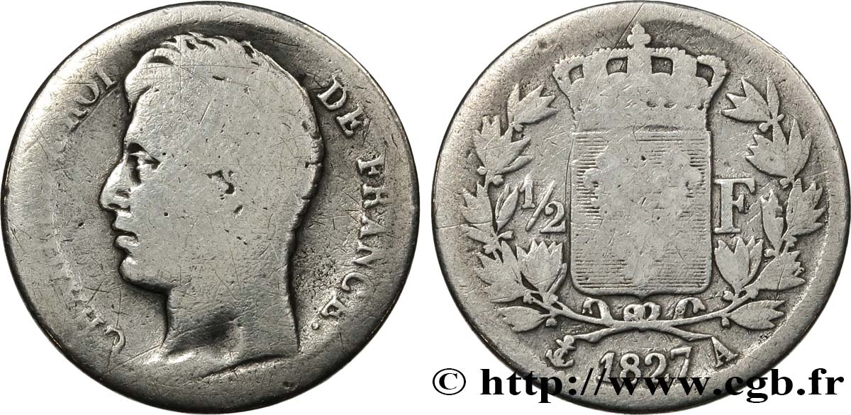 1/2 franc Charles X 1827 Paris F.180/13 G6 