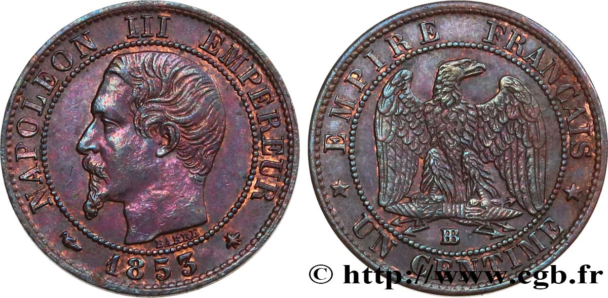 Un centime Napoléon III, tête nue 1853 Strasbourg F.102/3 EBC 