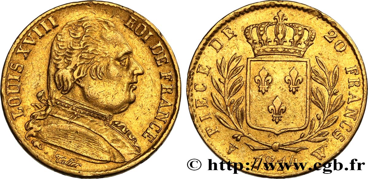 20 francs or Louis XVIII, buste habillé 1814 Lille F.517/9 TTB48 