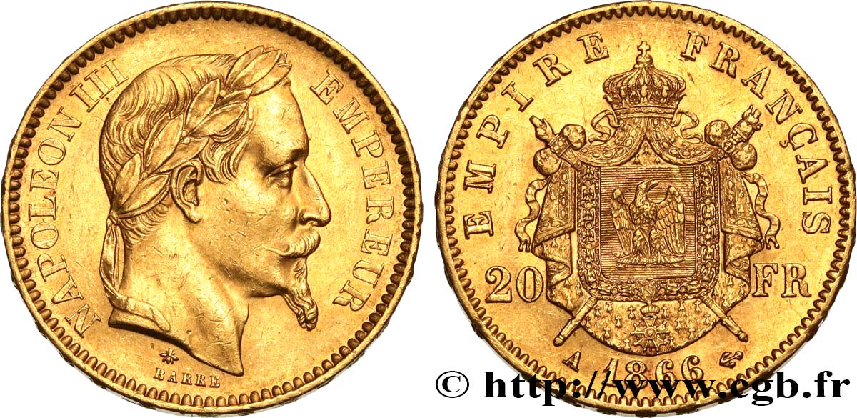 20 francs or Napoléon III, tête laurée 1866 Paris F.532/13 AU52 