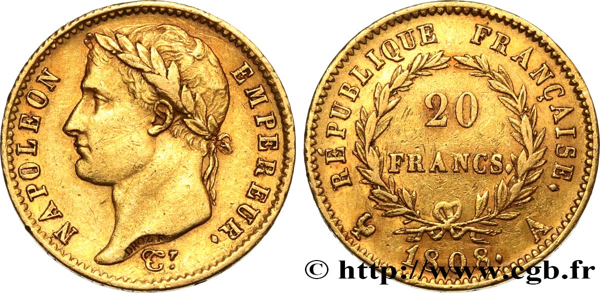 20 francs or Napoléon tête laurée, République française 1808 Paris F.515/2 BB45 