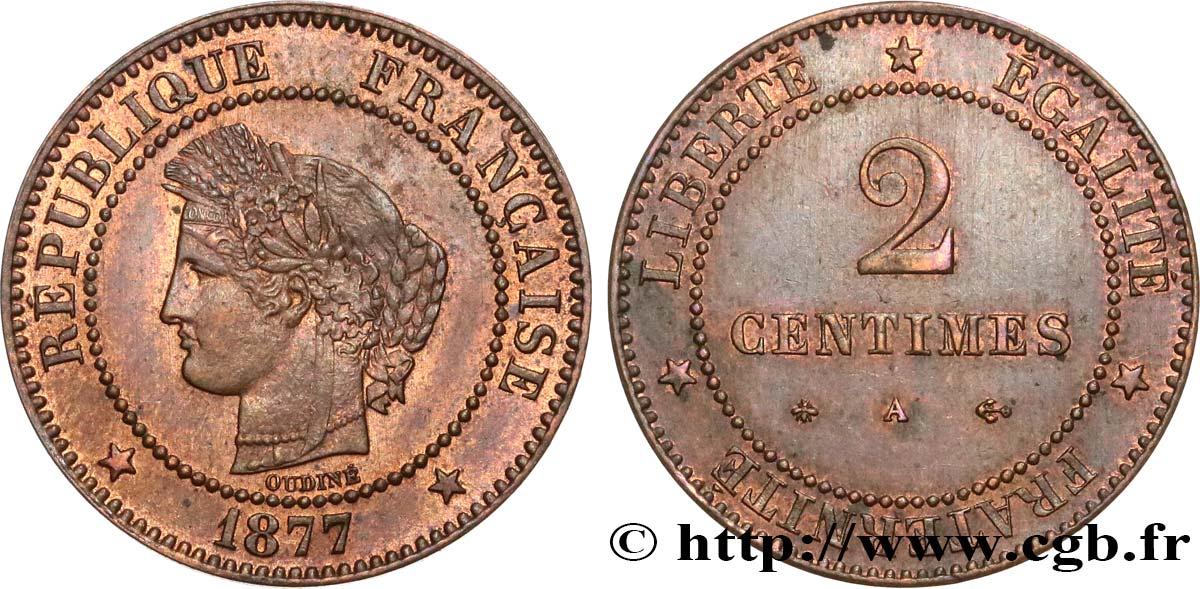 2 centimes Cérès 1877 Paris F.109/2 SPL55 