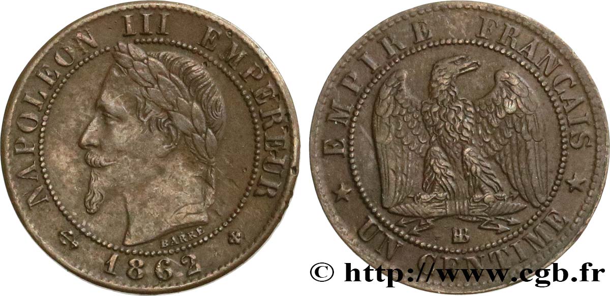 Un centime Napoléon III, tête laurée 1862 Strasbourg F.103/5 BC+ 