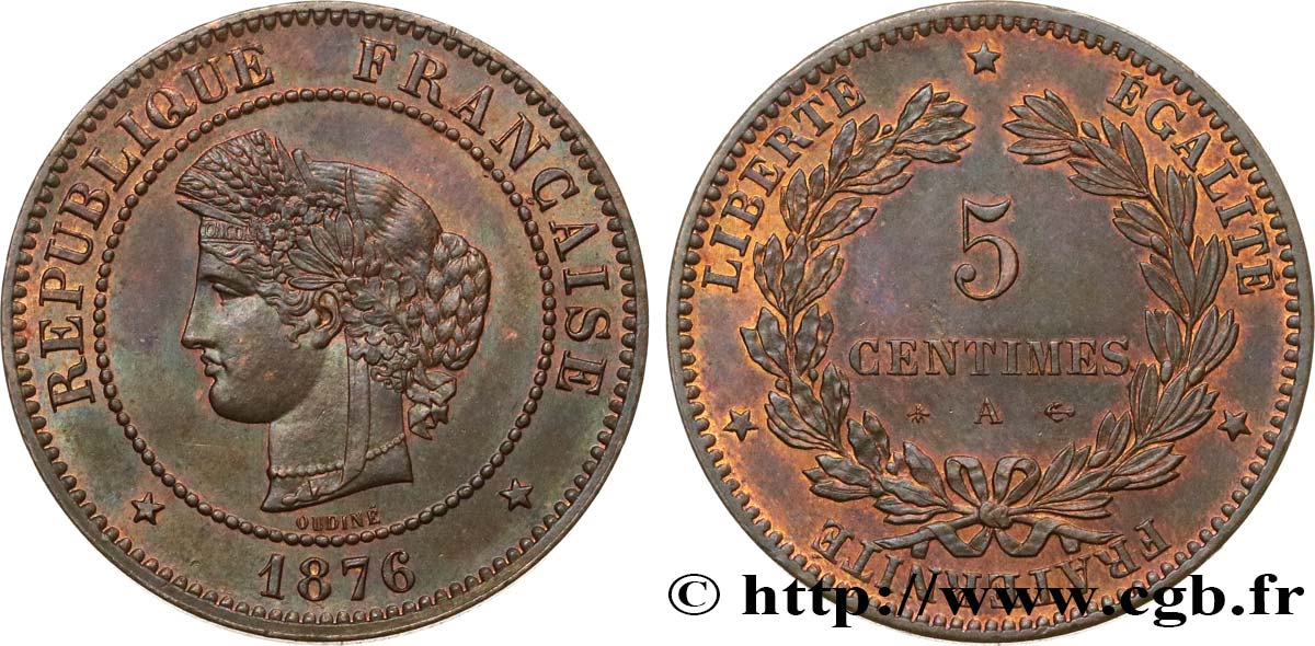 5 centimes Cérès 1876 Paris F.118/13 EBC60 