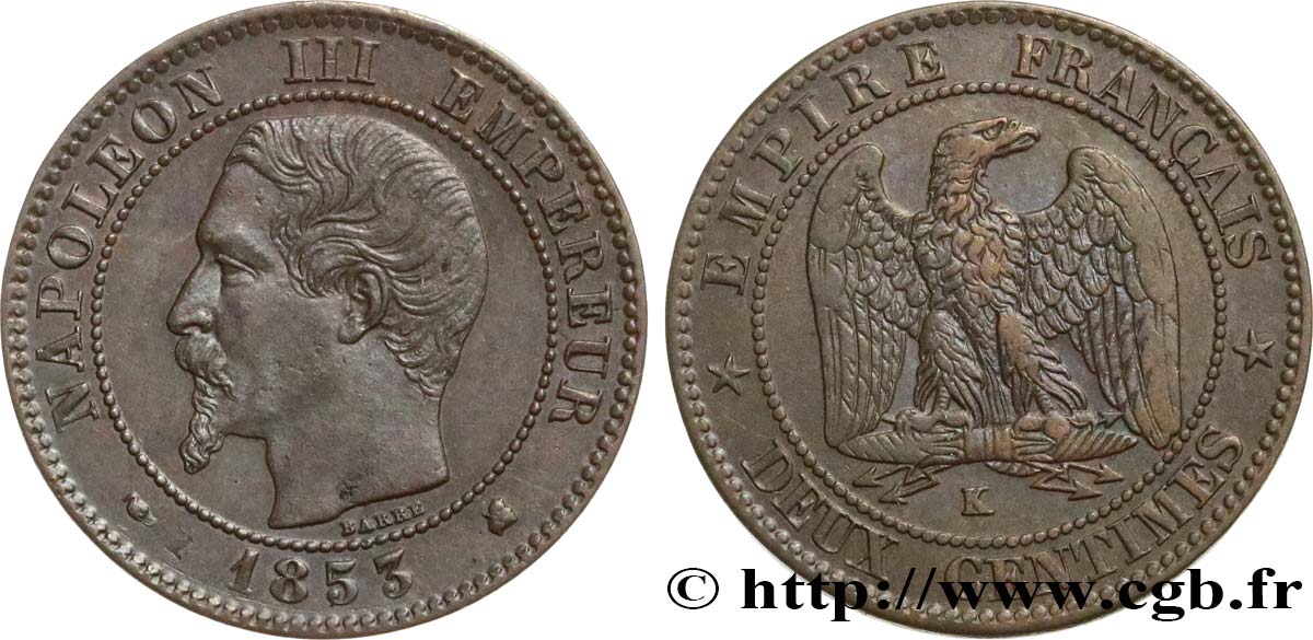 Deux centimes Napoléon III, tête nue 1853 Bordeaux F.107/6 TTB45 