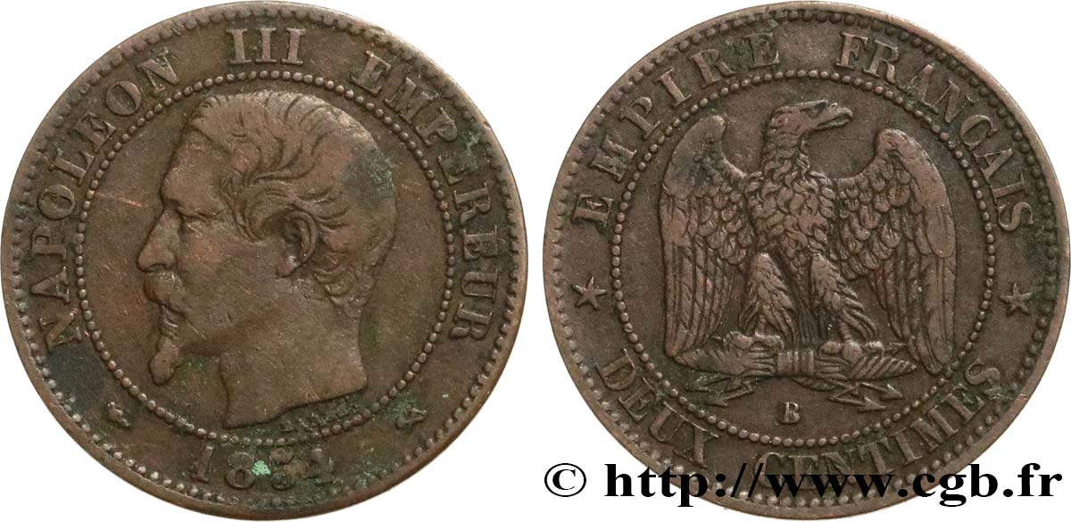 Deux centimes Napoléon III, tête nue 1854 Rouen F.107/10 S35 