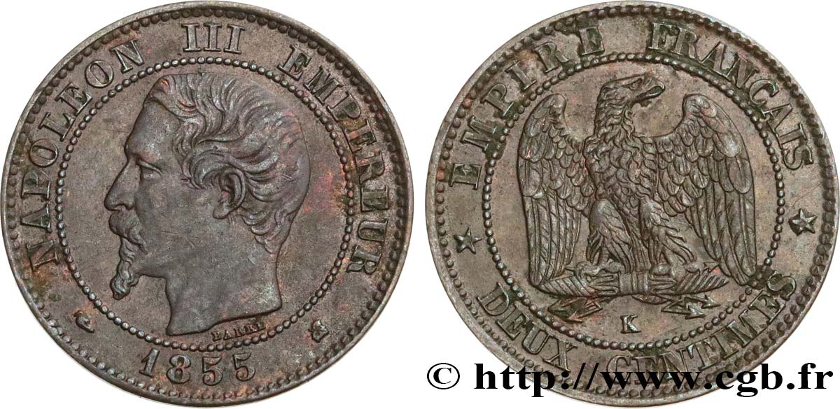 Deux centimes Napoléon III, tête nue 1855 Bordeaux F.107/33 MBC48 