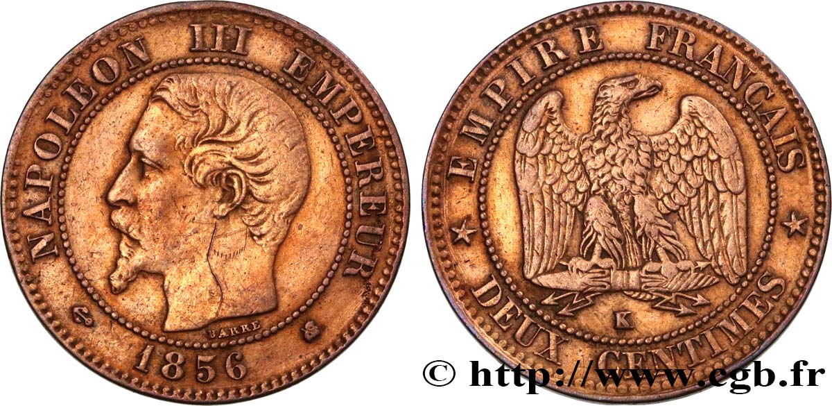 Deux centimes Napoléon III, tête nue 1856 Bordeaux F.107/41 TB+ 
