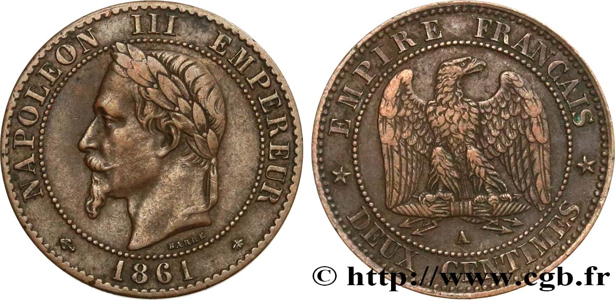 Deux centimes Napoléon III, tête laurée 1861 Paris F.108/1 XF40 