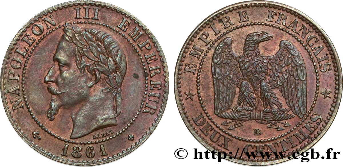 Deux centimes Napoléon III, tête laurée, buste provisoire 1861 Strasbourg F.108/2 AU55 