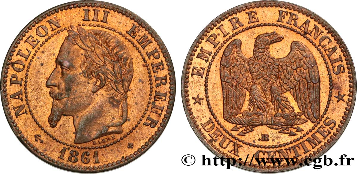 Deux centimes Napoléon III, tête laurée 1861 Strasbourg F.108A/2 SPL62 