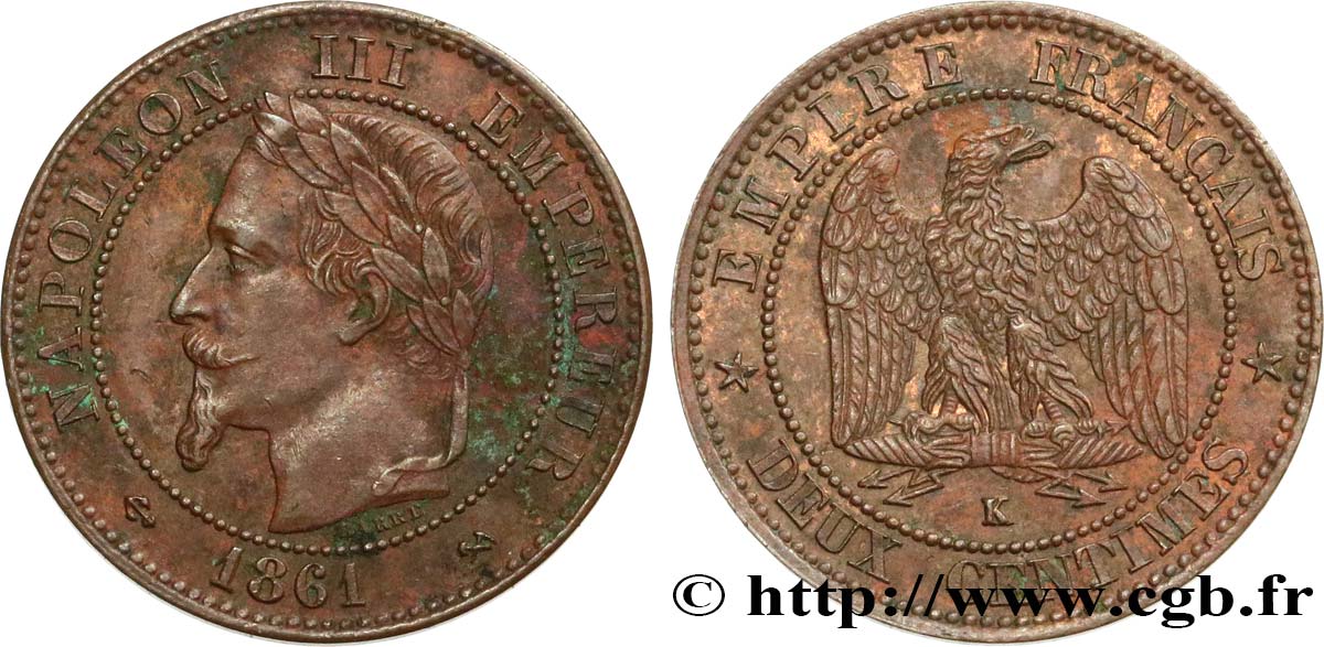 Deux centimes Napoléon III, tête laurée 1861 Bordeaux F.108A/3 XF48 