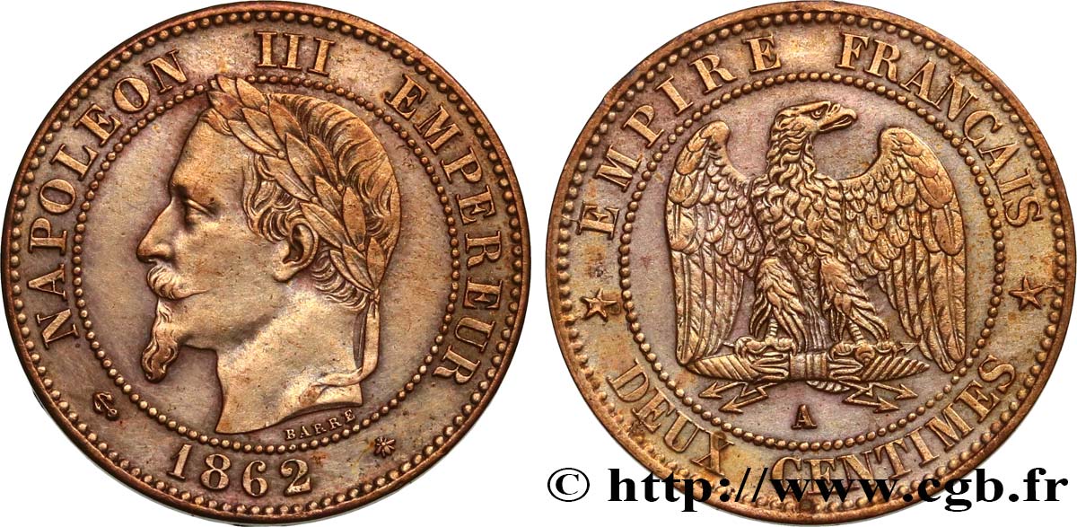 Deux centimes Napoléon III, tête laurée 1862 Paris F.108A/4 q.SPL 