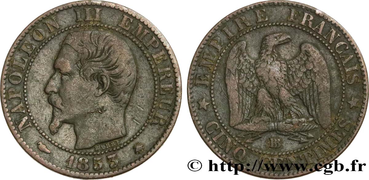 Cinq centimes Napoléon III, tête nue 1853 Strasbourg F.116/3 VF35 