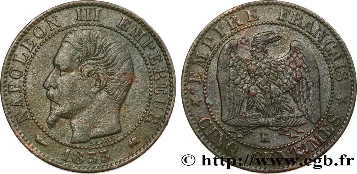 Cinq centimes Napoléon III, tête nue 1855 Bordeaux F.116/24 TTB 