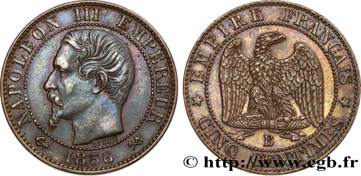 Cinq centimes Napoléon III, tête nue 1856 Rouen F.116/31 MBC52 