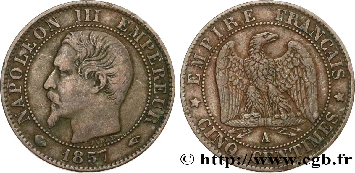 Cinq centimes Napoléon III, tête nue 1857 Paris F.116/37 TB35 