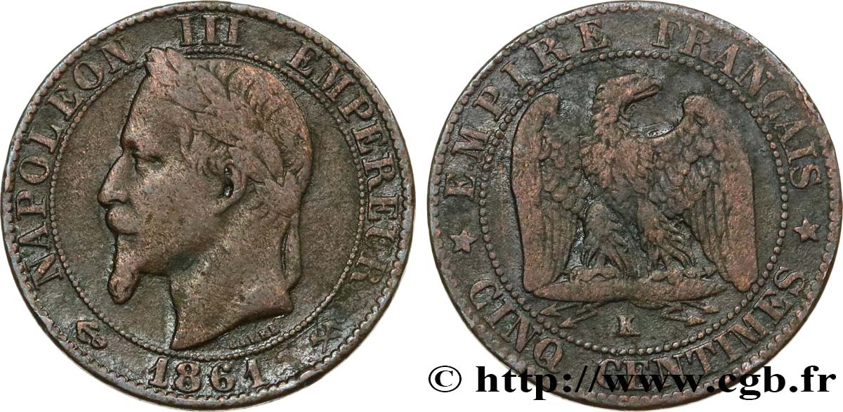 Cinq centimes Napoléon III tête laurée  1861 Bordeaux F.117/6 F15 