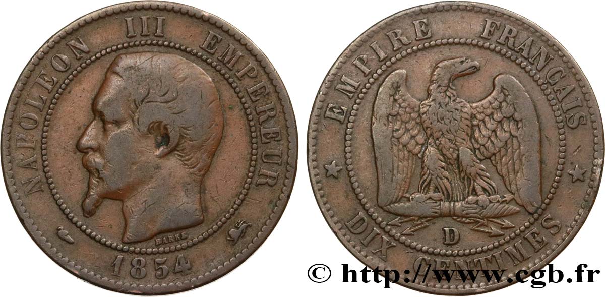 Dix centimes Napoléon III, tête nue 1854 Lyon F.133/15 TB25 
