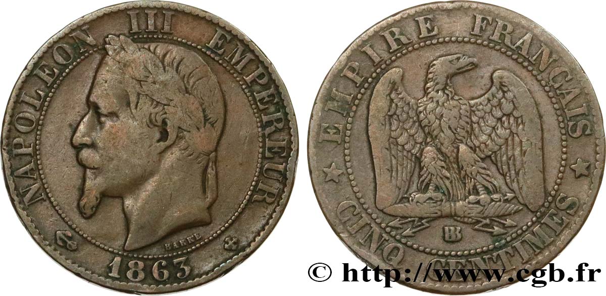 Cinq centimes Napoléon III, tête laurée 1863 Strasbourg F.117/11 TB20 