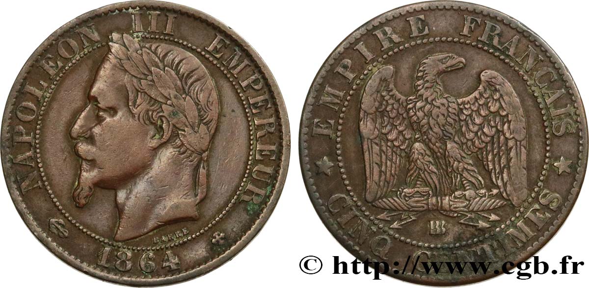 Cinq centimes Napoléon III, tête laurée 1864 Strasbourg F.117/14 VF35 
