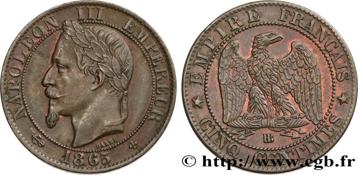 Cinq centimes Napoléon III, tête laurée 1865 Strasbourg F.117/17 AU58 