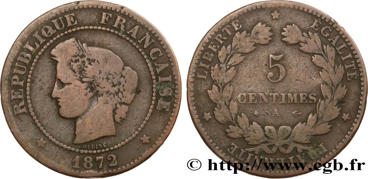 5 centimes Cérès 1872 Paris F.118/5 VG10 