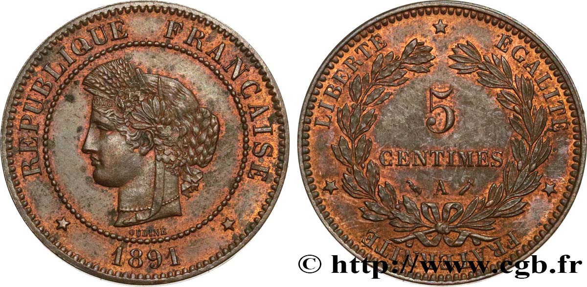 5 centimes Cérès 1891 Paris F.118/33 AU58 