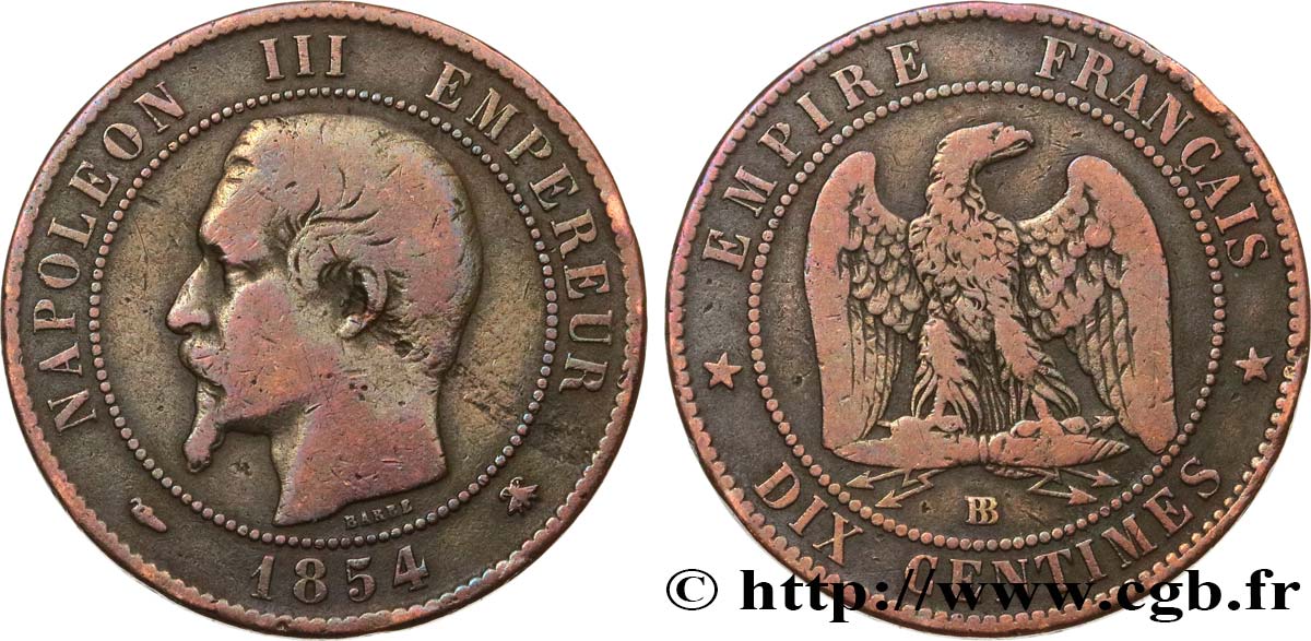 Dix centimes Napoléon III, tête nue 1854 Strasbourg F.133/14 TB20 