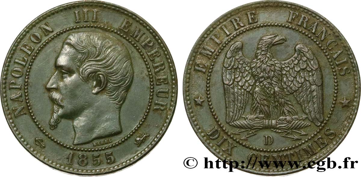 Dix centimes Napoléon III, tête nue 1855 Lyon F.133/26 TTB50 