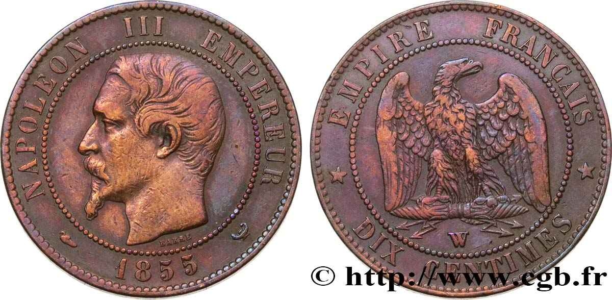 Dix centimes Napoléon III, tête nue 1855 Lille F.133/32 MBC 
