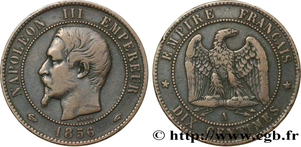 Dix centimes Napoléon III, tête nue 1856 Paris F.133/34 VF35 
