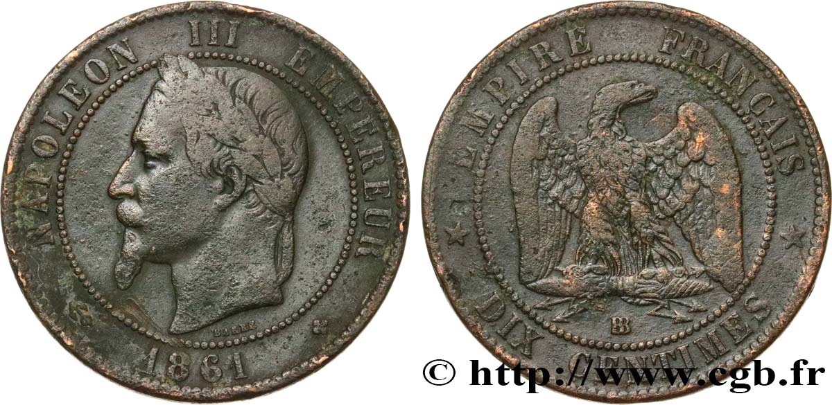 Dix centimes Napoléon III, tête laurée 1861 Strasbourg F.134/5 VF 