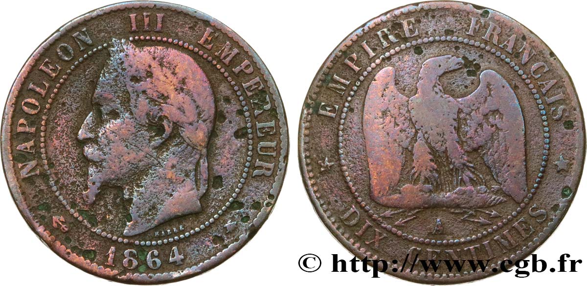 Dix centimes Napoléon III, tête laurée 1864 Paris F.134/13 RC 