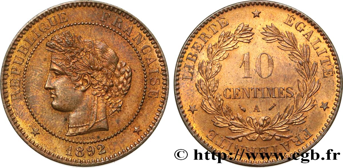 10 centimes Cérès 1892 Paris F.135/37 SPL62 